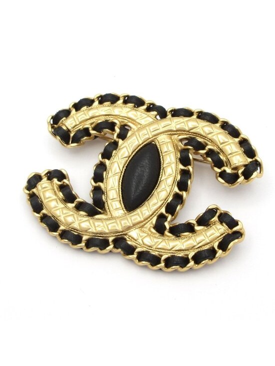 Chanel Jewelry - Chanel Brocade CC Logo Lambskin Gold Black Brooch